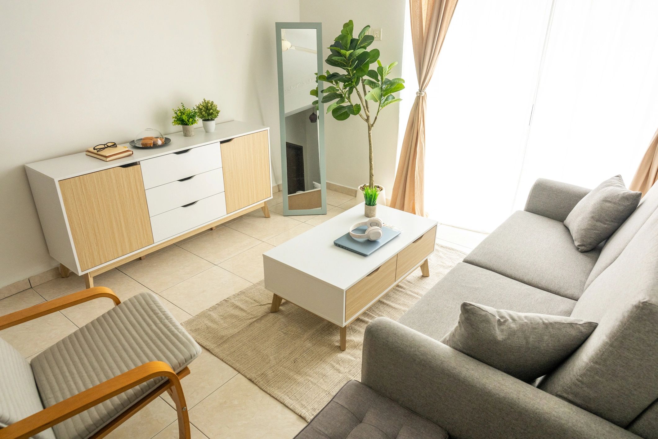 Modern living room with neutral wall tones and clean lines