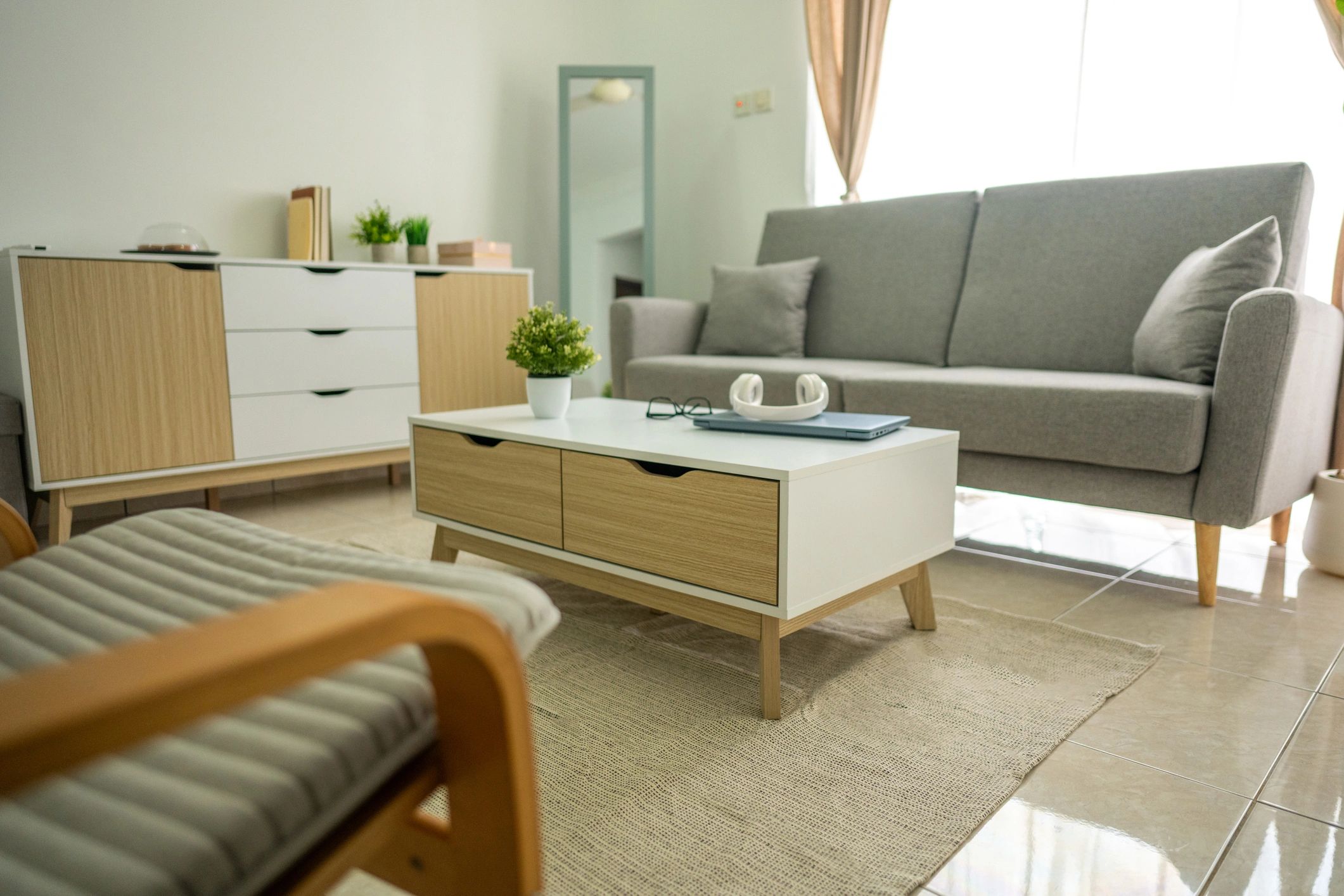Minimal living room with neutral painted walls and clean lines